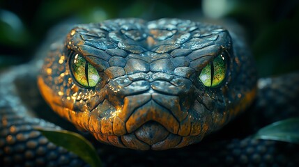 Fototapeta premium A close-up of a snake's head in a dramatic low-light scene, its eyes glowing faintly