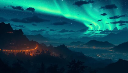Obraz premium A serene night landscape featuring mountains, a winding road, and the northern lights.