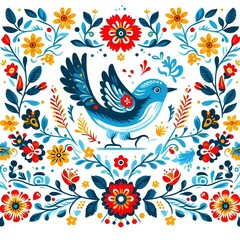 Naklejka premium Folk Borders Embracing a Blue Bird