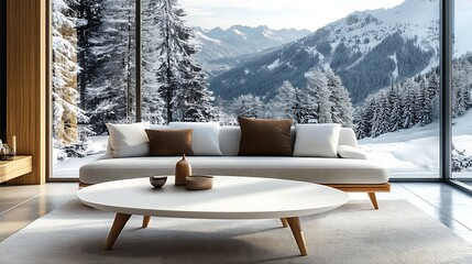 Fototapeta premium A stylish Scandinavian coffee table with a smooth white top and wooden legs, set in a cozy modern living room, floor-to-ceiling windows framing a stunning snowy alpine view,