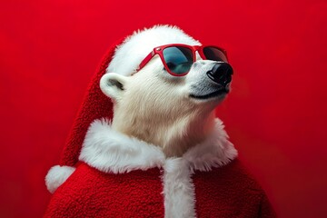Polar Bear in Santa Suit with Black Sunglasses. Perfect for holiday designs, Christmas promotions, or fun seasonal greetings.