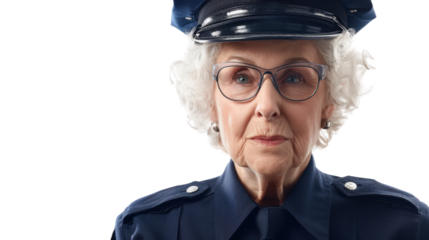 A police officer caucasian american senior woman on white background
