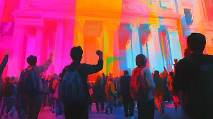 A colorful protest scene featuring a group chanting in front of a historic government building