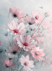 Delikatne r&oacute;żowe i białe kwiaty kosmosu na jasnym, pastelowym tle, tworzące eteryczną i romantyczną kompozycję. 