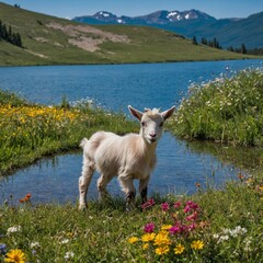 Obraz premium A playful baby goat frolicking in a green meadow filled with colorful wildflowers, with a calm blue lake reflecting the sky in the background.