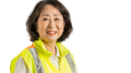 Asian senior female smiling in yellow warning vest safety on white background	
