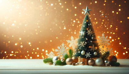 Christmas festival background with spruce elements and fairy ball decorations
