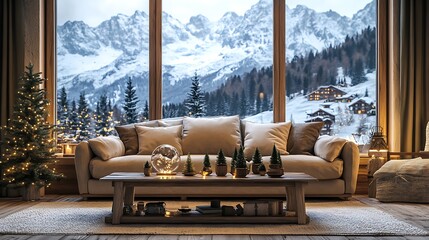 A trestle-style coffee table with intricate woodwork, decorated with alpine accents like small evergreens and snow globes, positioned near a plush armchair and sofa,