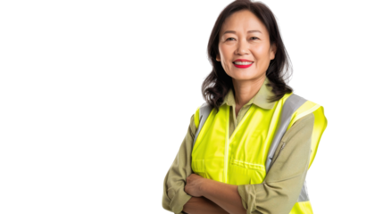 Asian senior female smiling in yellow warning vest safety on white background	
