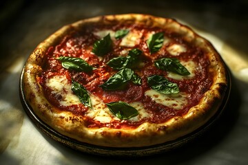  pizza margherita, mozzarella, pomidor, bazylia, ciasto, pieczona, włoska kuchnia, klasyka, sos pomidorowy, świeże zioła, ser, miękkie światło, oświetlenie boczne, apetyczne, rzemieślnicza pizza, tale