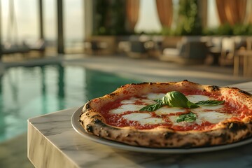  pizza margherita, mozzarella, pomidor, bazylia, ciasto, pieczona, włoska kuchnia, klasyka, sos pomidorowy, świeże zioła, ser, miękkie światło, oświetlenie boczne, apetyczne, rzemieślnicza pizza, tale