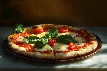 pizza margherita, mozzarella, pomidor, bazylia, ciasto, pieczona, włoska kuchnia, klasyka, sos pomidorowy, świeże zioła, ser, miękkie światło, oświetlenie boczne, apetyczne, rzemieślnicza pizza, tale