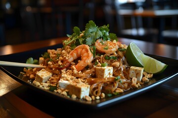 pad thai, makaron ryżowy, krewetki, tofu, orzeszki, kolendra, limonka, azjatycka kuchnia, woka, przyprawy, smażone, ciepłe tonacje, chili, woda kokosowa, curry, sos tamaryndowy, apetyczne, zdrowe, świ