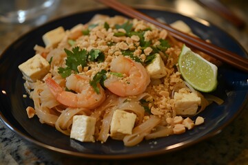 pad thai, makaron ryżowy, krewetki, tofu, orzeszki, kolendra, limonka, azjatycka kuchnia, woka, przyprawy, smażone, ciepłe tonacje, chili, woda kokosowa, curry, sos tamaryndowy, apetyczne, zdrowe, świ