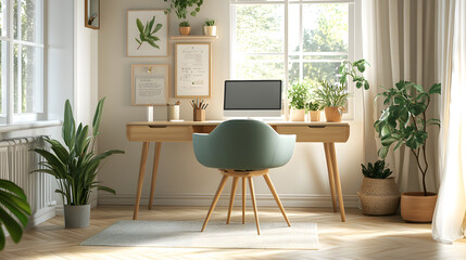 Fototapeta premium Modern home office workspace with plants, computer, and stylish furniture in bright natural light