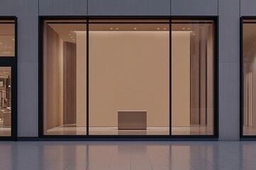 Minimalist storefront with large glass panels and a single, elegant display pedestal inside.