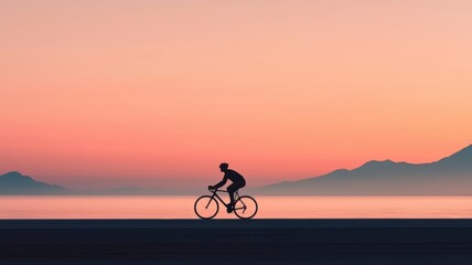 Obraz premium A cyclist rides along a peaceful shoreline during a vibrant sunset, silhouetted against serene mountains and a calm sea.