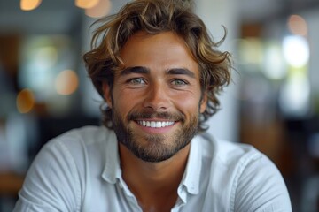 Obraz premium Close up portrait of handsome young man smiling at camera in coffee shop