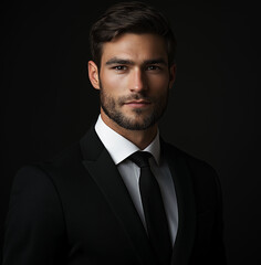 handsome men wearing a black suit, facing the camera, on a dark background, with studio lighting.