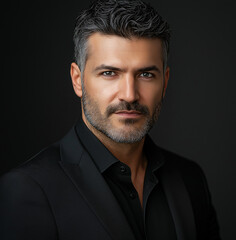 Fototapeta premium handsome men wearing a black suit, facing the camera, on a dark background, with studio lighting.