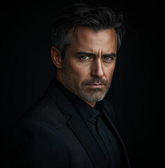 Fototapeta premium handsome men wearing a black suit, facing the camera, on a dark background, with studio lighting.