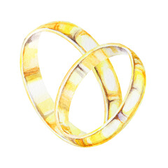 Watercolor illustration of two intertwined golden wedding rings ideal for wedding invitations, romantic projects, anniversary designs. Symbolizing love, unity, commitment. Handdrawn isolated clipart