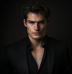 Obraz premium handsome men wearing a black suit, facing the camera, on a dark background, with studio lighting.