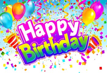 Fun "Happy Birthday" Sign with Rainbow Gradient Text, Balloons, Party Horns, and Colorful Confetti Explosion