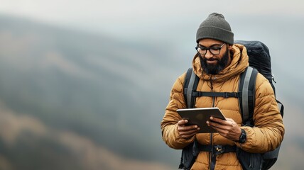 Fototapeta premium A man in a warm jacket and beanie stands outdoors, using a tablet while surrounded by misty mountains.