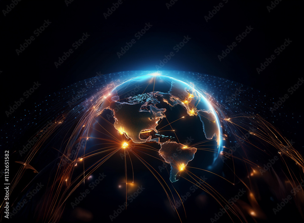 Poster Glowing digital earth with illuminated continents and connecting lines, representing global network and communication.  A futuristic depiction of worldwide connectivity.