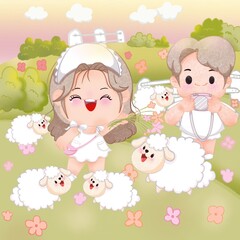 Naklejka premium sheep and lamb