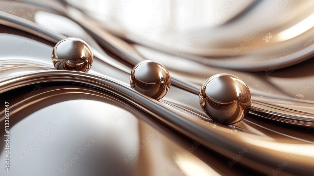 Poster smooth metallic spheres flow gracefully along abstract, undulating surfaces, creating a captivating 