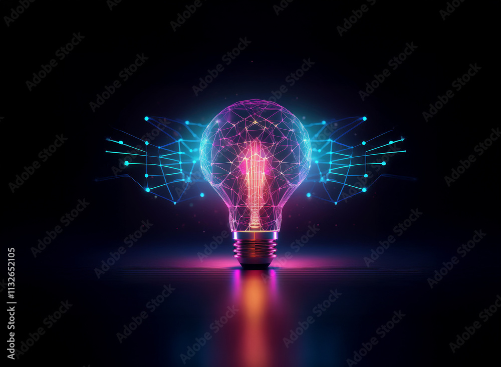 Poster a glowing lightbulb, rendered in vibrant pink and blue hues, is depicted with intricate network conn