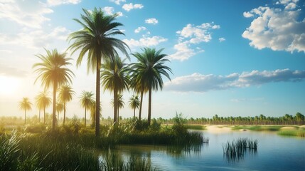 Fototapeta premium Tropical Paradise with Palm Trees and Clear Blue Water