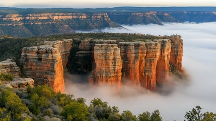 Fototapeta premium Majestic Red Rock Cliffs Surrounded by Morning Fog