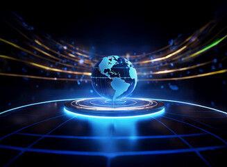 A glowing digital earth rests on a futuristic platform, surrounded by streaks of light suggesting global connectivity and technological advancement.
