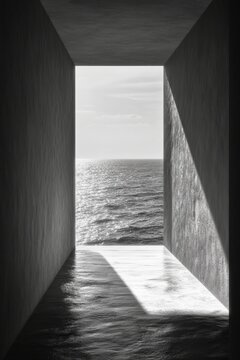Sunlight illuminating concrete corridor opening onto the ocean with cloudy sky, vertical