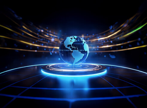 A glowing digital earth rests on a futuristic platform, surrounded by streaks of light suggesting global connectivity and technological advancement.