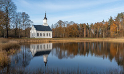 Obraz premium A white church with a black roof and steeple sits on the edge of an autumn field, surrounded by trees and a small lake reflecting its image in the water. 