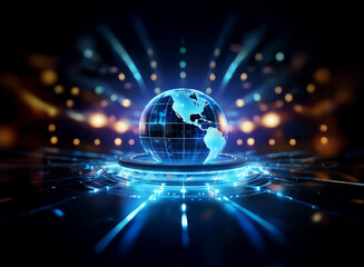 A glowing digital globe, encircled by vibrant blue energy streams, rests on a futuristic platform.  This symbolizes global connectivity and technological advancement.