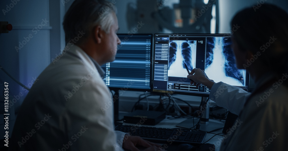 Aufkleber Radiologists Analyze Chest X-rays in a Medical Monitoring Room, Examining Digital Scans on a Computer Screen. Male Specialist Having a Conversation with a Female Colleague, Focusing on Scans