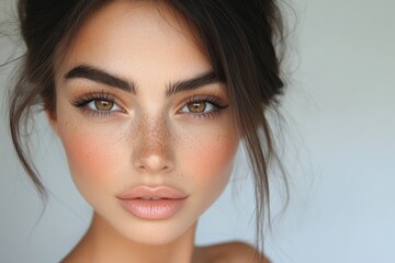 Naklejka premium Beautiful woman with minimal makeup and radiant skin, showcasing natural beauty 