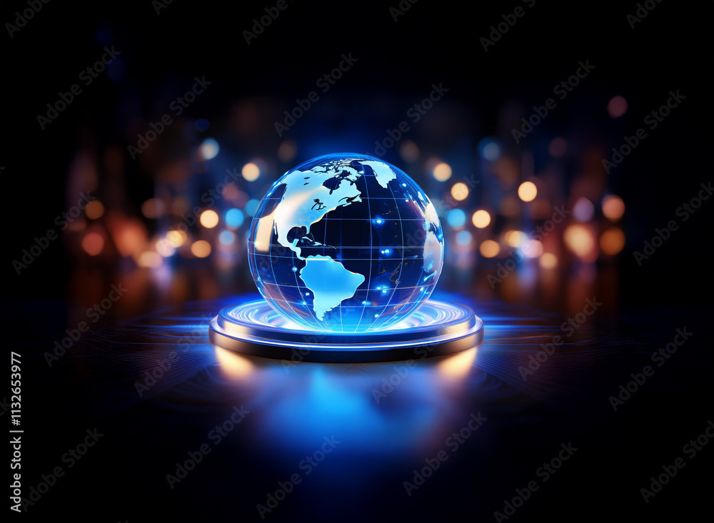 Poster a glowing, digital globe rests on a circular platform, set against a blurred cityscape at night. the