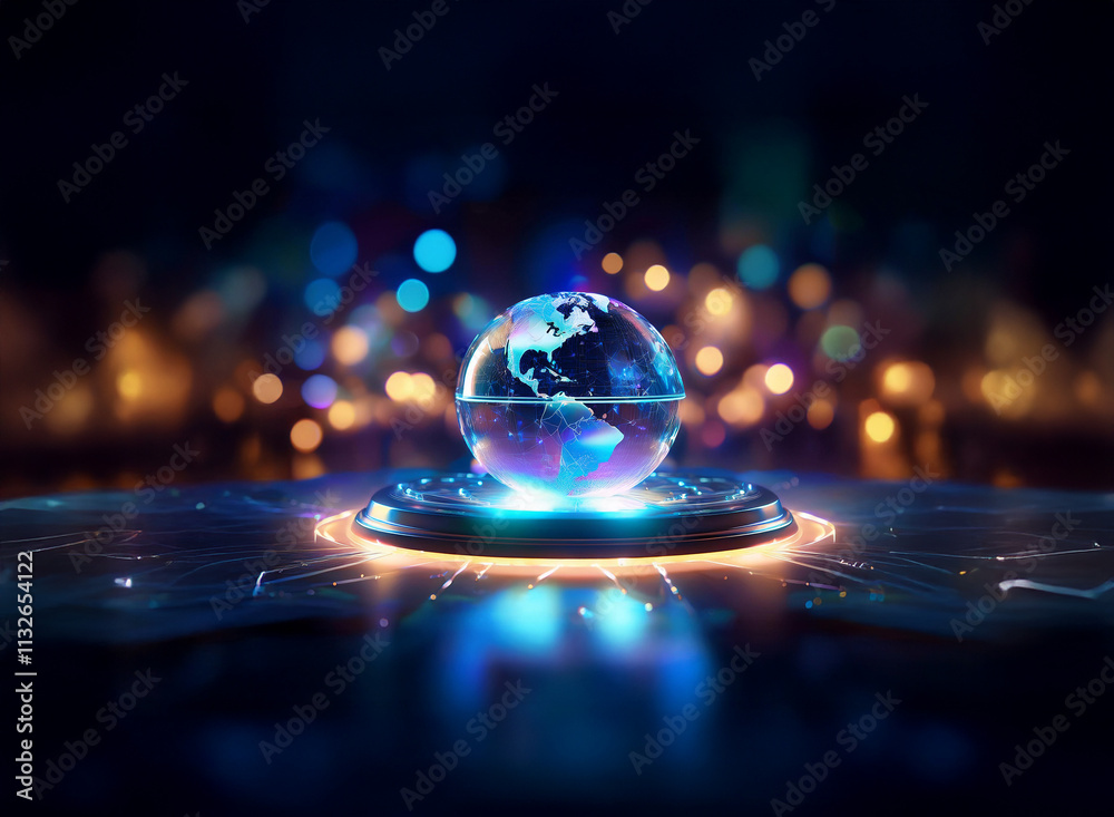 Poster a futuristic glass globe, illuminated from within, rests on a glowing circular platform against a bo