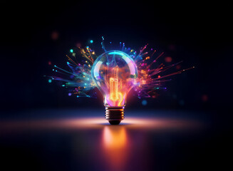 A vibrant lightbulb bursts with colorful energy, radiating innovation and creativity against a dark background.  Its glow reflects on a shiny surface.