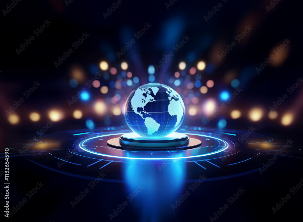 Poster a glowing earth globe levitates on a futuristic platform, encircled by a vibrant, technological ring