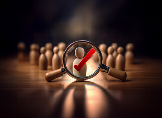 Fototapeta premium A magnifying glass focuses on a wooden figure marked with a red X, signifying rejection, while others stand in the background, illustrating a selection process.