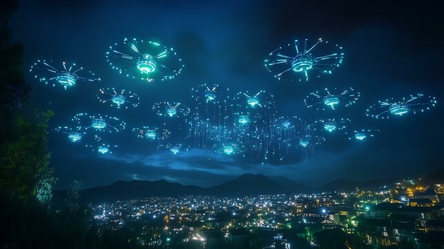 A futuristic light show with drones forming the transition from 2024 to 2025 in the night sky