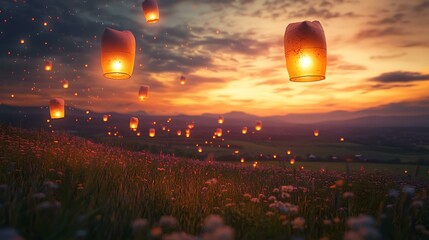 A serene countryside scene with lanterns flying into the sky and the numbers 2024 transforming into 2025