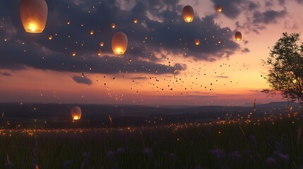A serene countryside scene with lanterns flying into the sky and the numbers 2024 transforming into 2025